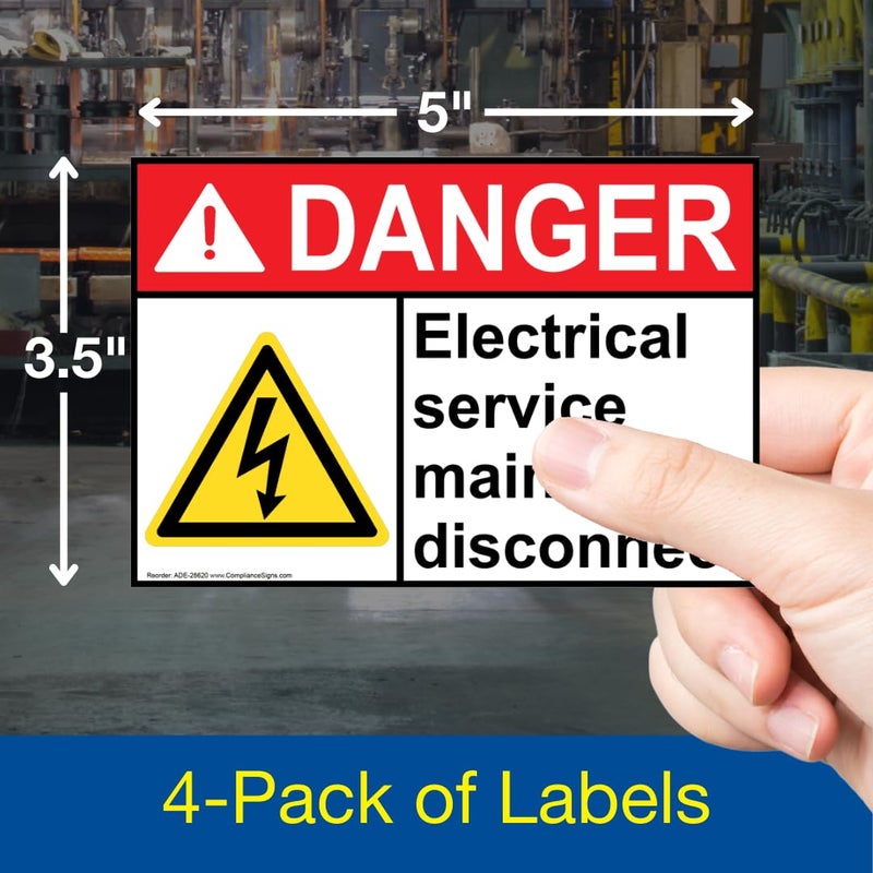 ComplianceSigns.com Danger Electrical Service Main Disconnect ANSI Safety Label Decal, 5x3.5 in. 4-Pack Vinyl for Electrical - Image 2